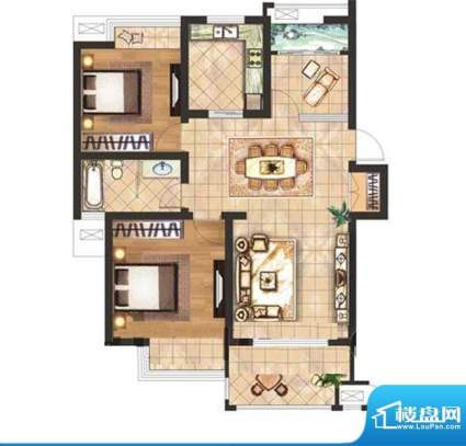 京河湾公寓D户型 2室面积:94.00平米