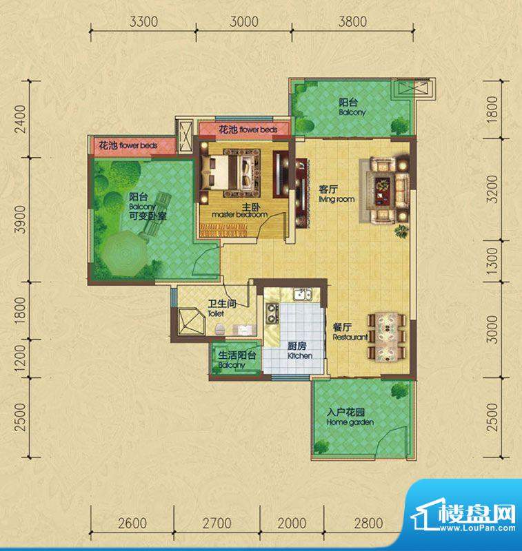 英伦城邦D1户型（可面积:76.90平米