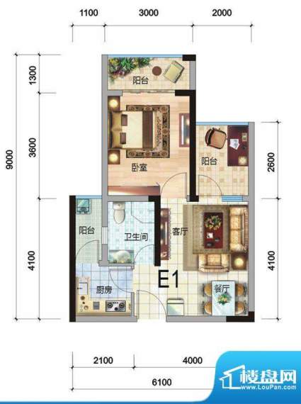 天赐中央银座E1户型面积:54.00平米