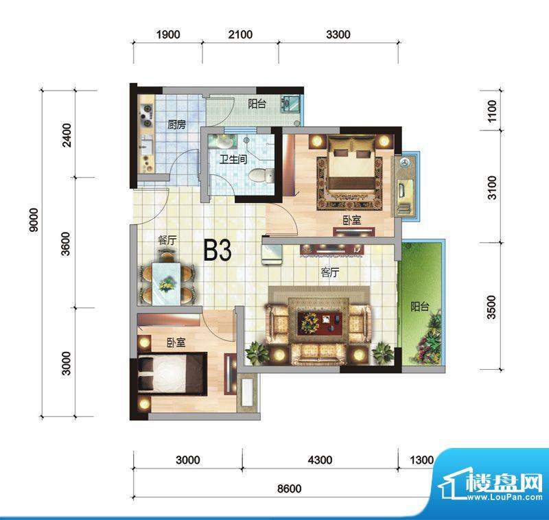 天赐中央银座B3户型面积:77.16平米