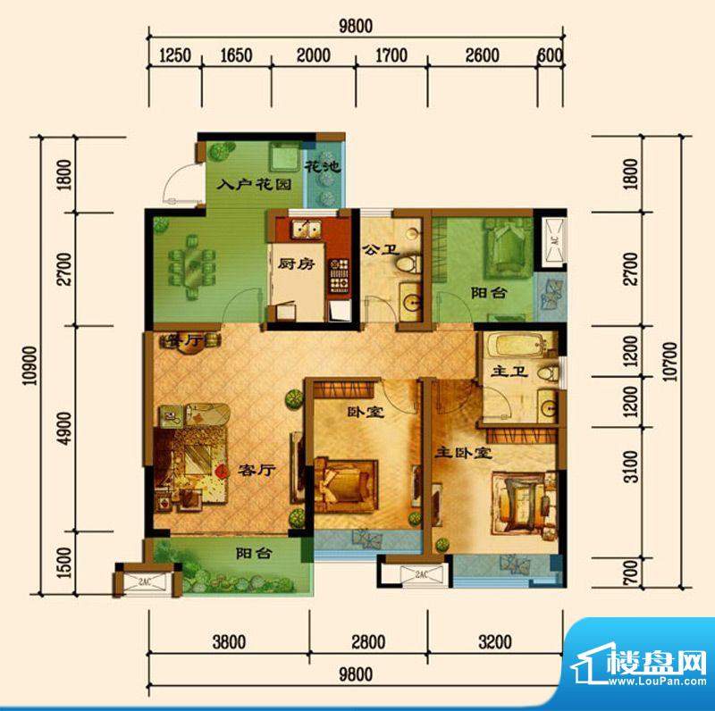 君汇上品D6户型 3室面积:89.75平米