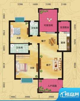 蝶院E3 2室2厅2卫1厨面积:97.57平米