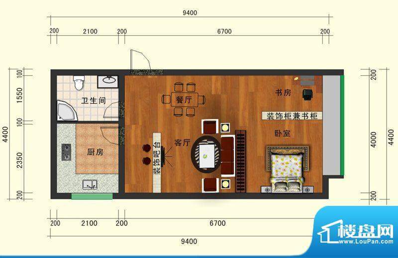 大地景秀八号楼E户型面积:44.44平米