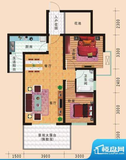 华诺国际F5二室二厅面积:82.11平米