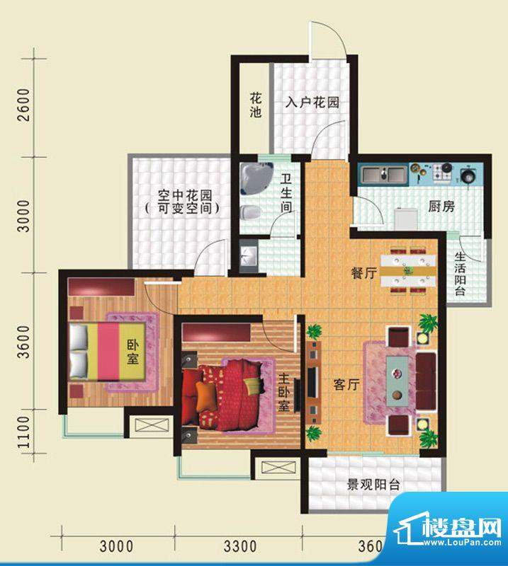 华诺国际G4二室二厅面积:86.69平米