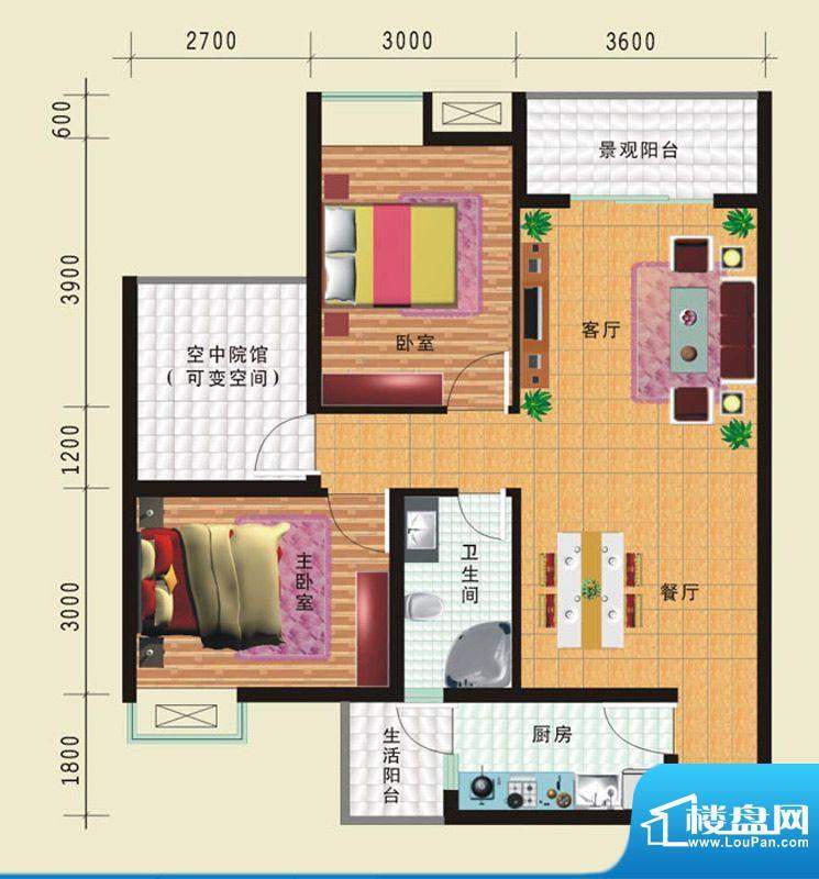 华诺国际G1二室二厅面积:89.03平米