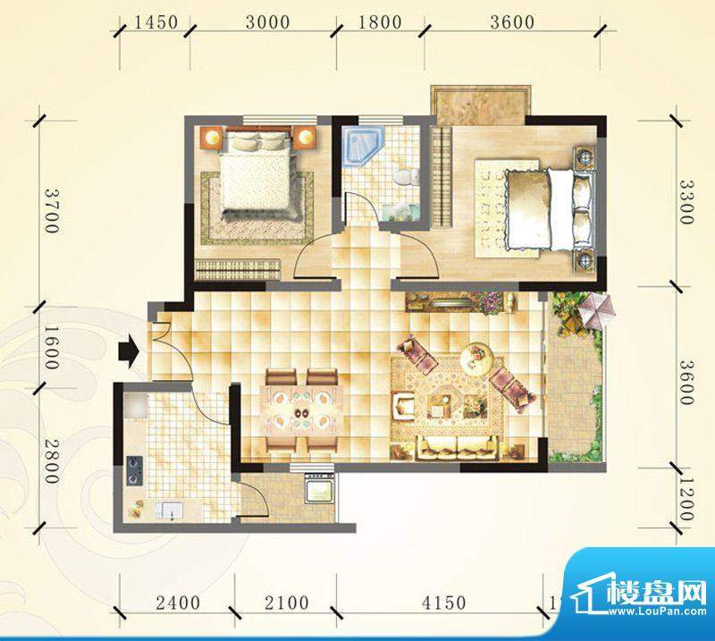 誉峰A2 2室2厅1卫1厨面积:77.44平米