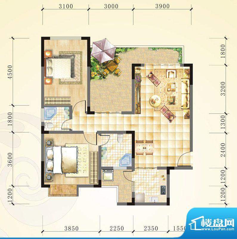 誉峰A3 2室2厅1卫1厨面积:100.78平米