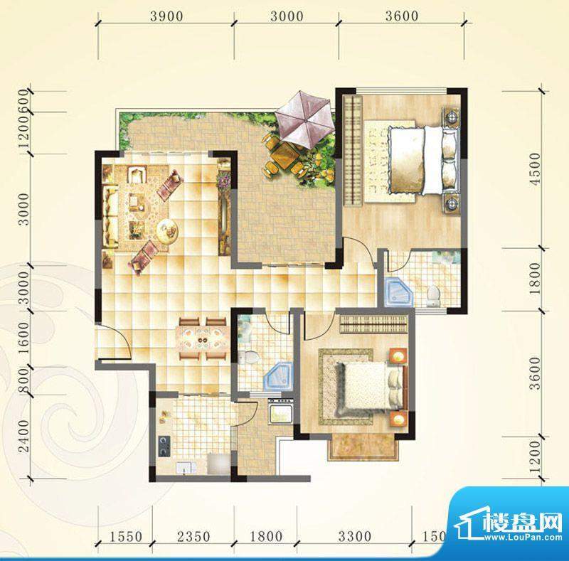 誉峰B3 2室2厅2卫1厨面积:99.25平米