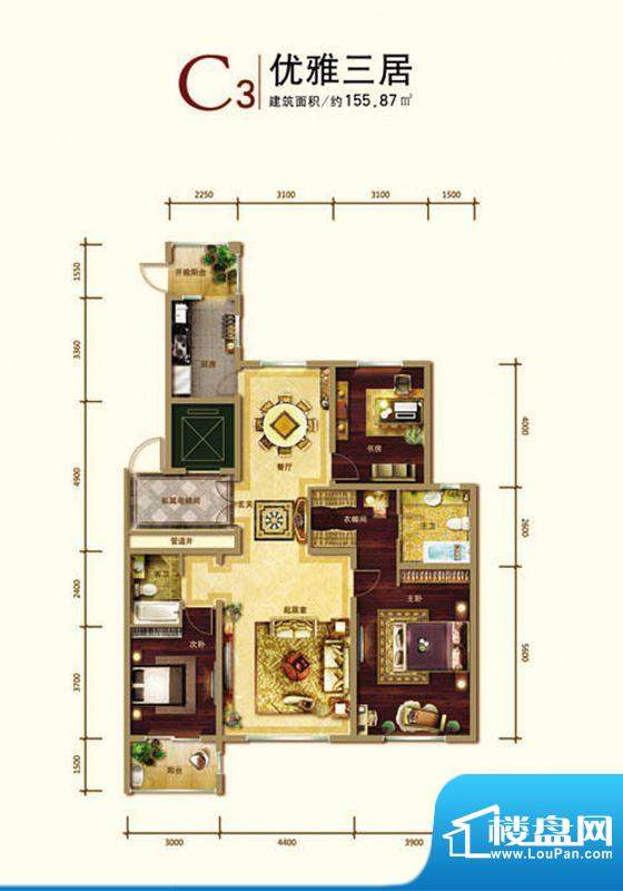 世家官邸C3户型 3室面积:155.87m平米