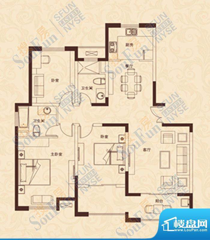 爱家豪庭D户型 3室2面积:143.00m平米