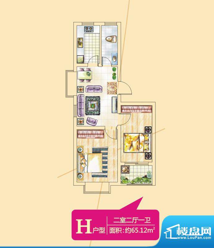 香岸花园H 2室2厅1卫面积:65.12平米