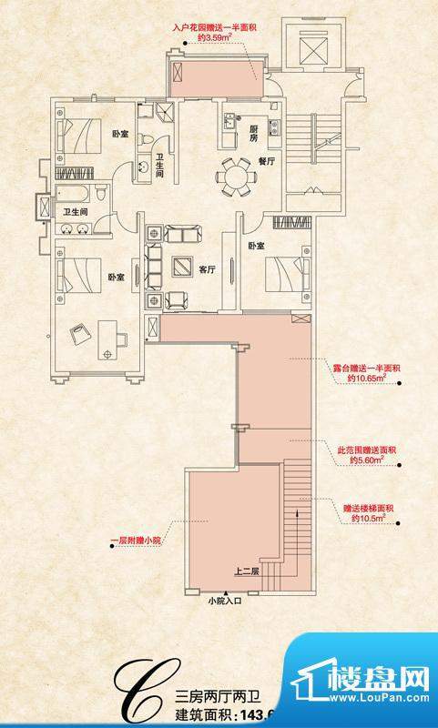 上城国际二期洋房二面积:143.61平米