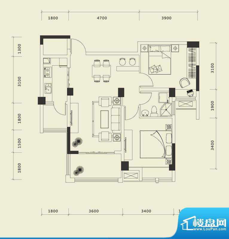 上城国际一期B户型 面积:85.42平米