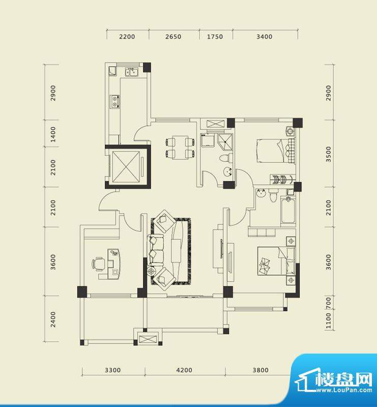 上城国际一期F户型 面积:132.74平米