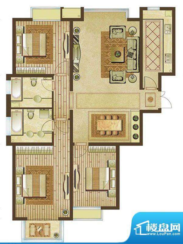 中央生活城户型C 3室面积:136.00平米
