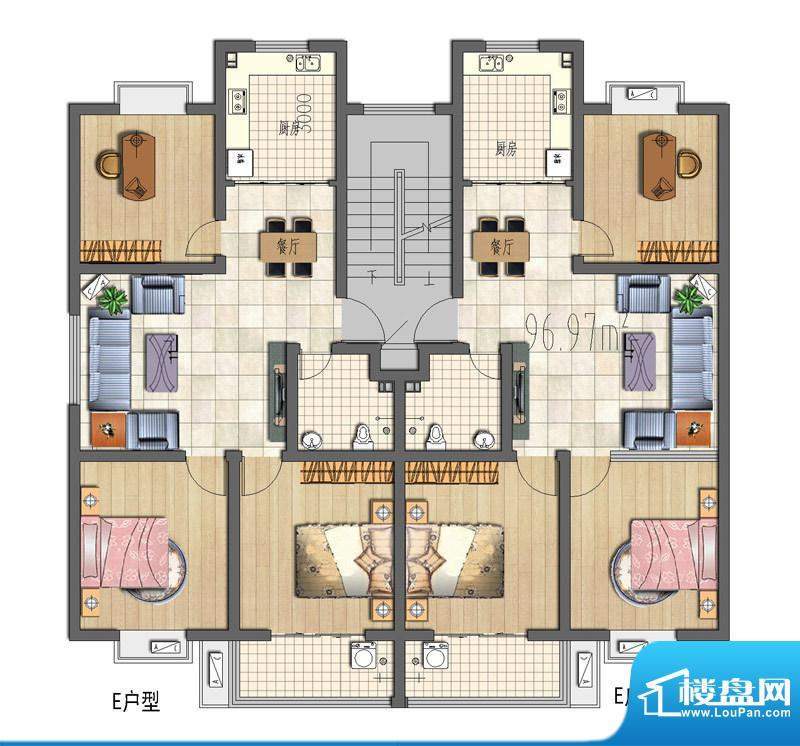 柏丽花园一期E户型 面积:88.74平米