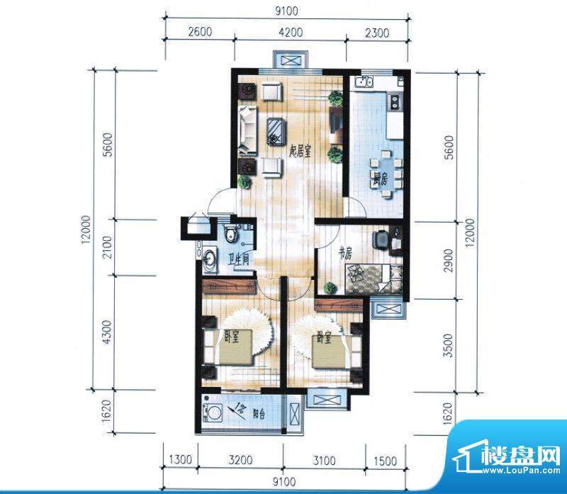 滨海花园4#7#楼B户型面积:97.24平米