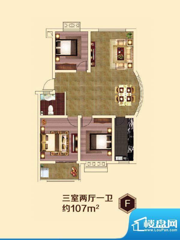 虞河小镇F户型 3室2面积:107.00平米