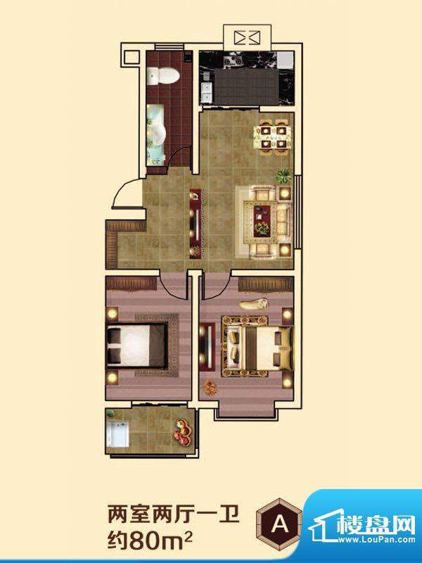 虞河小镇A户型 2室2面积:80.00平米