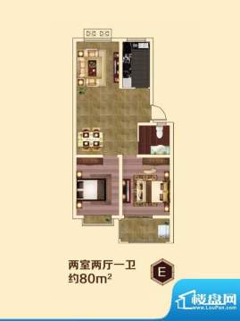 虞河小镇E户型 2室2面积:80.00平米
