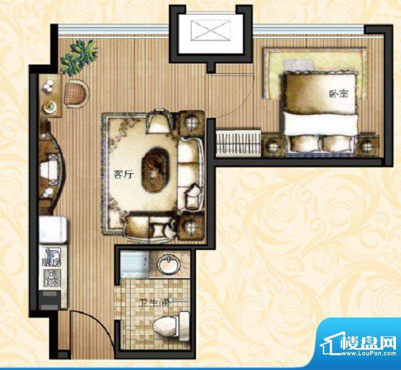 宝鼎花园D2户型 1室面积:49.63平米