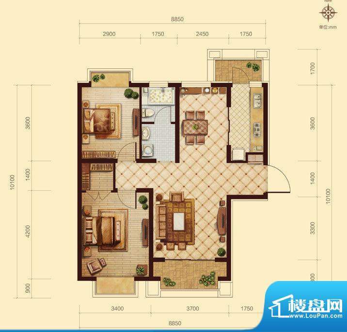 中交凯旋城A2 2室2厅面积:100.00m平米