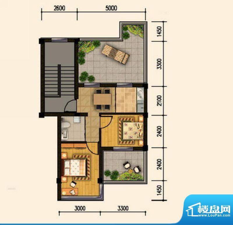 上河城D4户型 2室1厅面积:47.50m平米