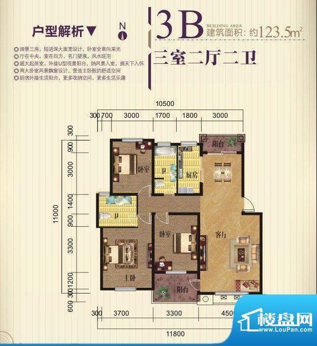 奥克斯天伦城3B户型面积:123.50m平米