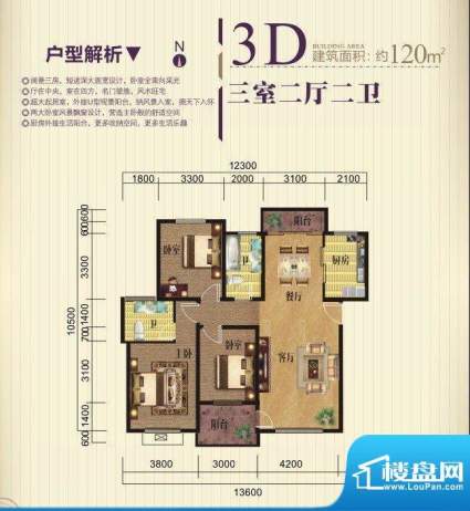 奥克斯天伦城3D户型面积:120.00m平米