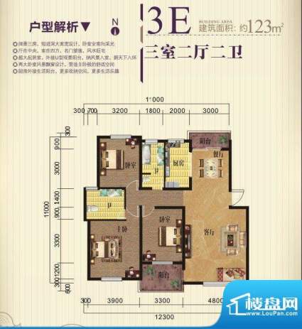 奥克斯天伦城3E户型面积:123.00m平米