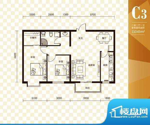 名购大厦C户型 2室2面积:110.43m平米