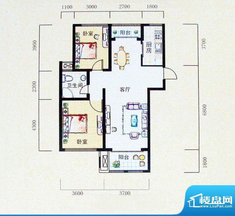 新新尚层E户型 2室2面积:97.00m平米