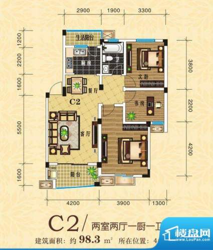 龙湖春天C2户型 2室面积:98.30m平米