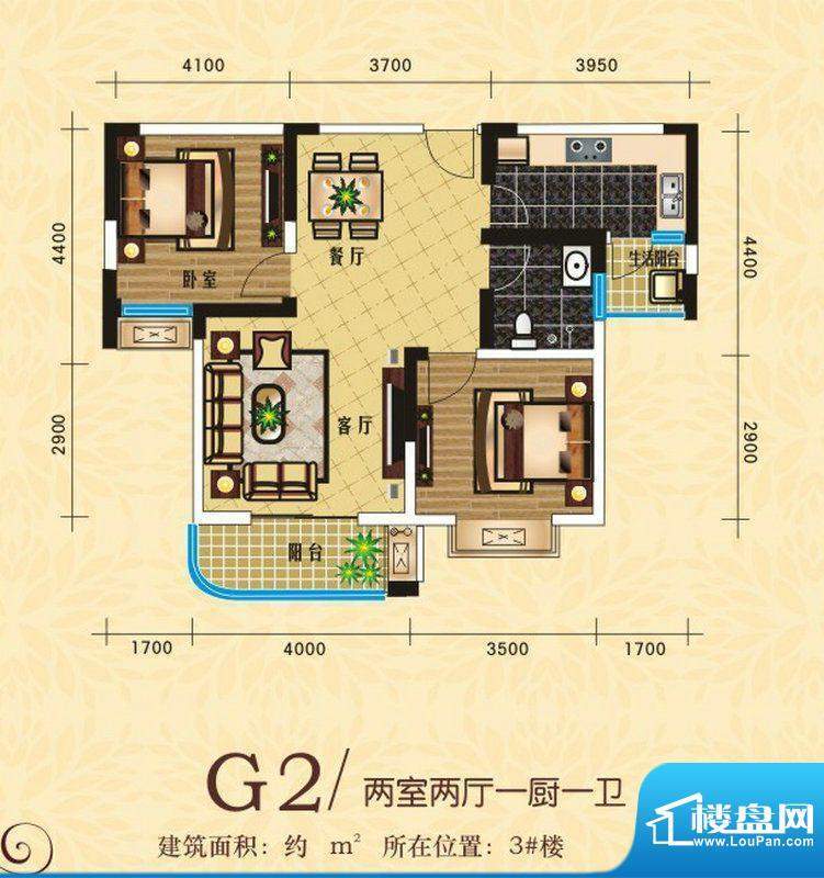 龙湖春天G2户型 2室面积:0.00m平米