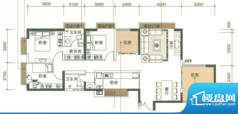 版筑翠园E户型 3室2面积:127.37平米
