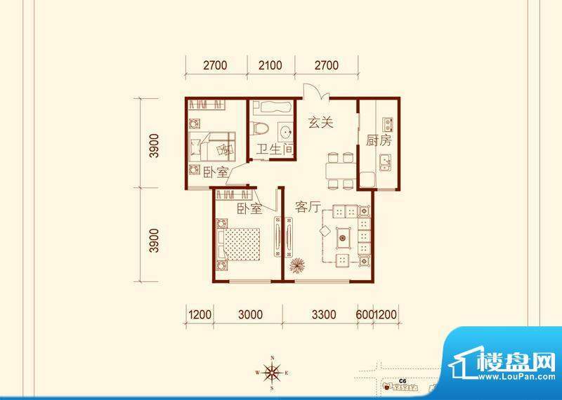 方大上上城B户型一期面积:77.00平米