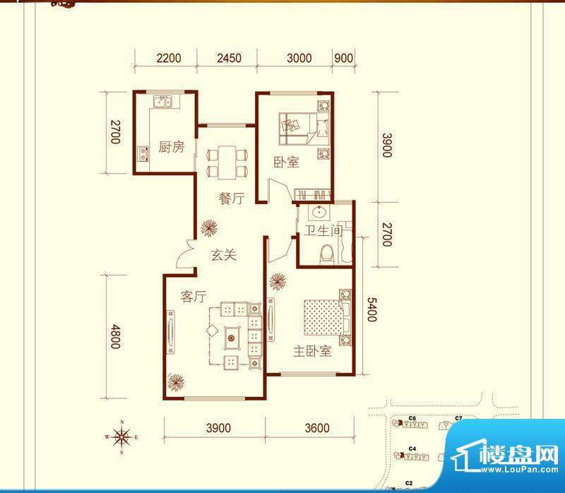 方大上上城C户型 2室面积:95.00平米