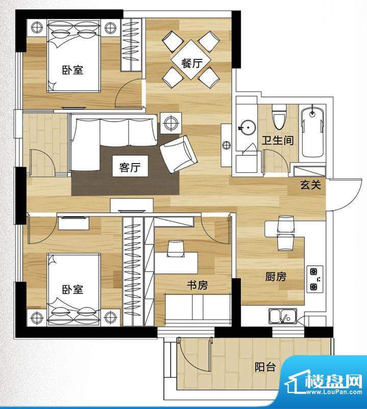 欣都龙城F户型 3室2面积:96.93平米