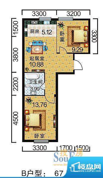 地旺国际B户型 2室1面积:67.71平米