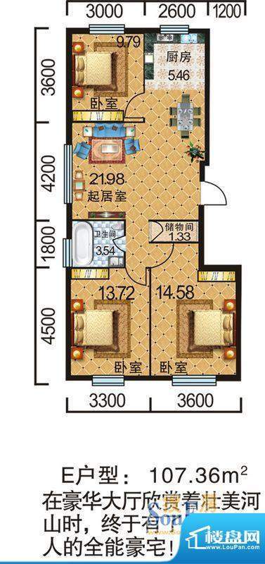 地旺国际E户型3室2厅面积:107.36平米