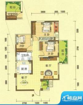 龙湾上城D户型图 3室面积:88.04平米