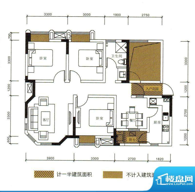 希望城D户型图 3室2面积:93.78平米
