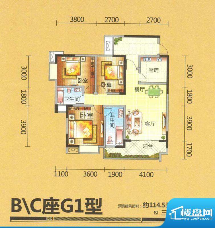 凯江新城BC座G1户型面积:116.39平米