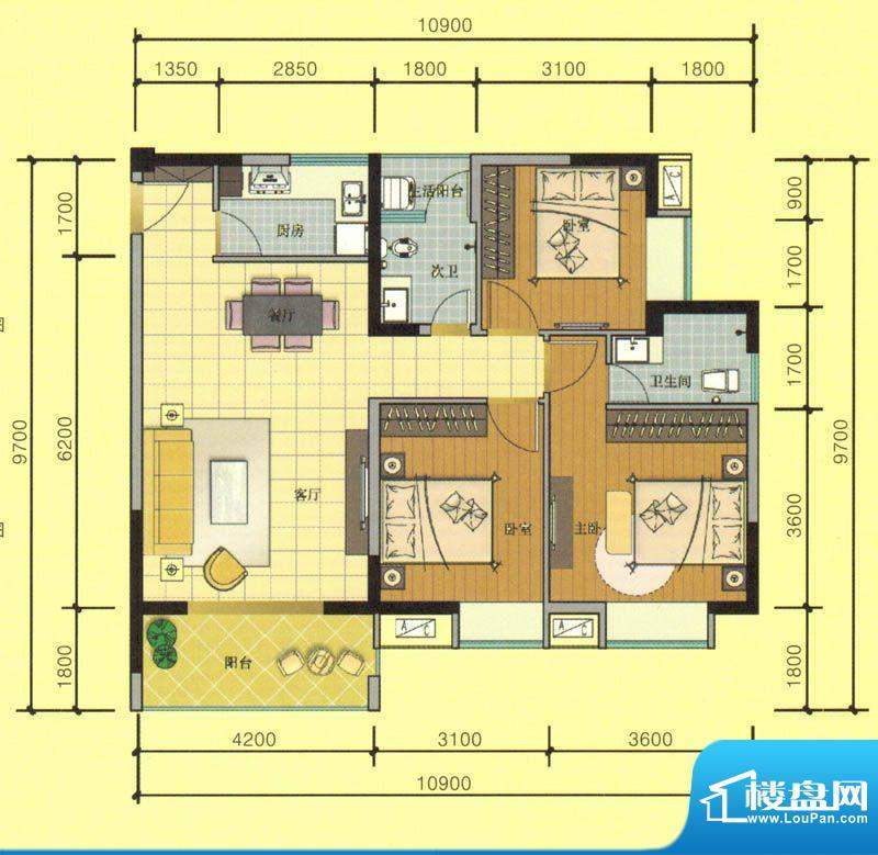 七彩城C7户型图 3室面积:101.53平米