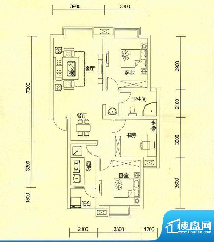 TOP尚城4D1户型图 3面积:93.42平米