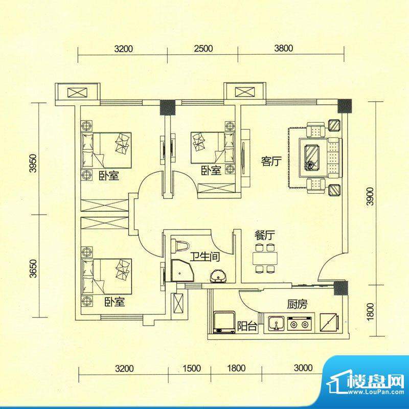 TOP尚城2A户型图 3室面积:80.62平米