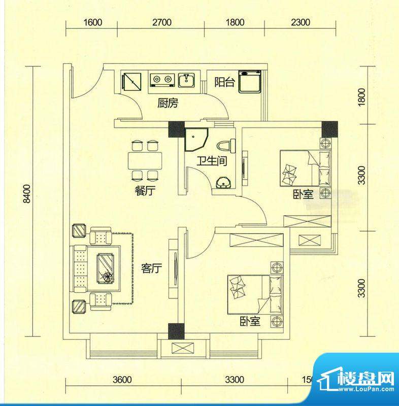 TOP尚城2B户型图 2室面积:66.73平米