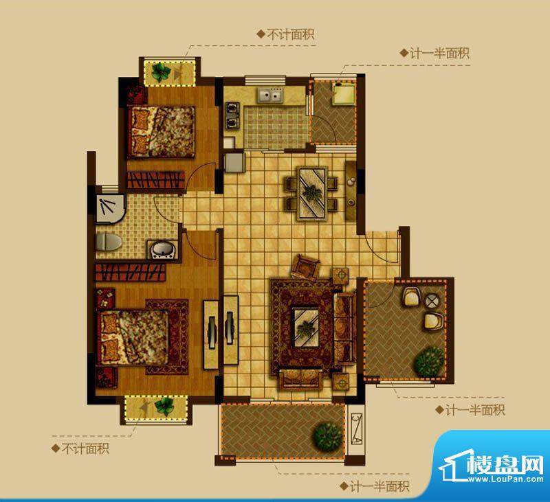 瀚城c1 2室2厅1卫1厨面积:89.00m平米