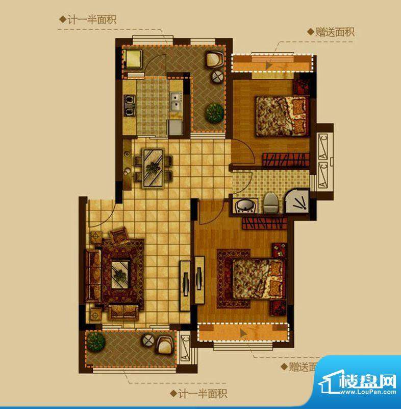 瀚城b 2室2厅1卫1厨面积:78.00m平米